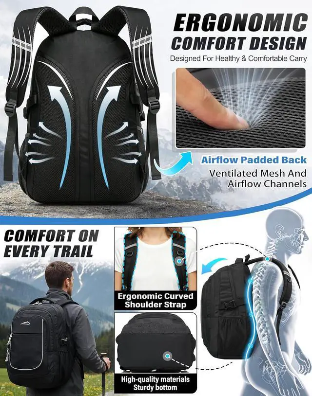 Alt view image 5 of 7 - ProEtrade Backpack Bookbag for College Sturdy Travel Business Hiking Fit Laptop Up to 15.6 Inch Multi Compartment Gifts for Men Women Night Light Reflective (Black)