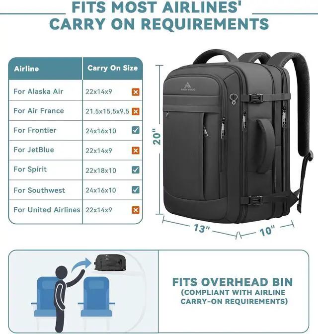 Alt view image 2 of 7 - AREYTECO Travel Backpack, Expandable Large Carry On Backpack for Men Women | 40L-50L Expandable Travel Backpack,Airline Aprroved,Business Suitcase Weekender Luggage Backpack,Gifts for Traveler,Black