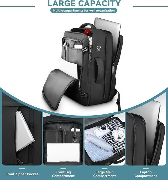 Alt view image 3 of 7 - AREYTECO Travel Backpack, Expandable Large Carry On Backpack for Men Women | 40L-50L Expandable Travel Backpack,Airline Aprroved,Business Suitcase Weekender Luggage Backpack,Gifts for Traveler,Black