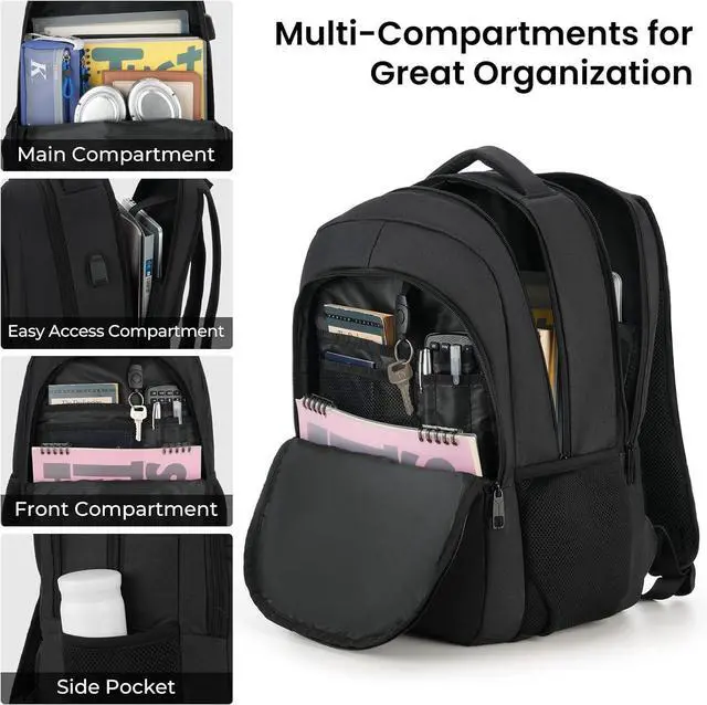 Alt view image 2 of 7 - BIKROD Backpack for Men and Women, School Backpacks for Teen Boys Girls, Water Resistant Sturdy Anti Theft Travel Laptop Backpack, Black Student Bookbag Fits 15.6 Inch Laptop, Gifts