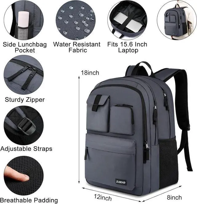 Alt view image 3 of 7 - ZUBOND Backpack for Men & Women, Backpacks for School Teen Boys & Girl, Student Bookbag 15.6 inch Laptop Compartment for High Middle School, Black Travel Casual Bag