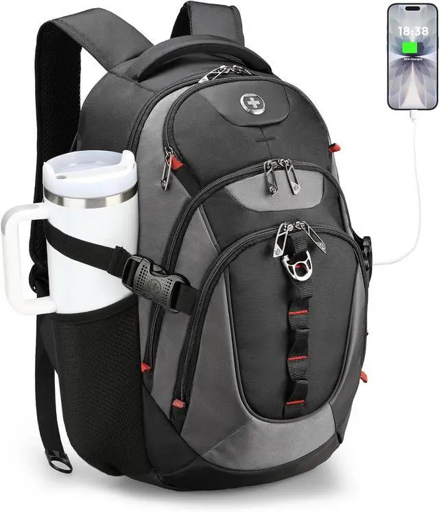 Main image of Swissdigital Design Laptop Backpack with USB Charging Port, Travel Backpack Fits 15.6 inches Computer, 31l College School Backpack for Men, Black/Grey | SD803-02