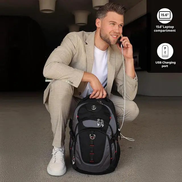 Alt view image 3 of 7 - Swissdigital Design Laptop Backpack with USB Charging Port, Travel Backpack Fits 15.6 inches Computer, 31l College School Backpack for Men, Black/Grey | SD803-02