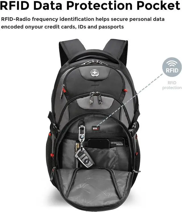Alt view image 5 of 7 - Swissdigital Design Laptop Backpack with USB Charging Port, Travel Backpack Fits 15.6 inches Computer, 31l College School Backpack for Men, Black/Grey | SD803-02