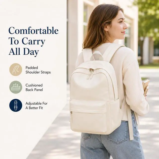 Alt view image 7 of 7 - Bluboon School Backpack for Teen Girls Women Laptop Backpack College Bookbags Middle School Travel Work Commuter Back Pack(Solid Beige)