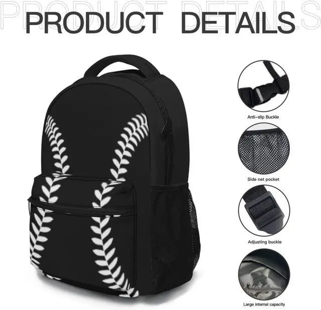 Alt view image 5 of 6 - Miaoquhe Black Baseball Backpacks School Bookbag for Kids Sport Softball Backpacks Laptop Shoulder Bag for Women Girls Men Boys School Casual Daypack for Travel Hiking Camping
