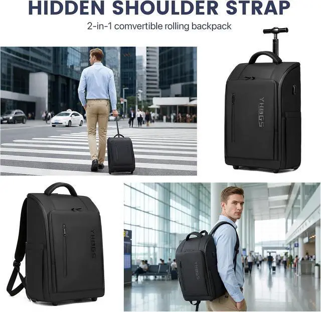 Alt view image 2 of 7 - Rolling Backpack with Wheels, Waterproof Wheeled Backpack with USB Ports for Men Women, 15.6 Inch Travel Laptop Backpack with Wheels for Adults, Roller Carry-On Luggage Bag for Business Work