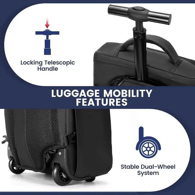 Alt view image 5 of 7 - Rolling Backpack with Wheels, Waterproof Wheeled Backpack with USB Ports for Men Women, 15.6 Inch Travel Laptop Backpack with Wheels for Adults, Roller Carry-On Luggage Bag for Business Work