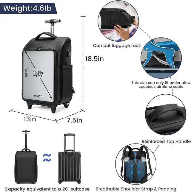 Alt view image 7 of 7 - Rolling Backpack with Wheels, Waterproof Wheeled Backpack with USB Ports for Men Women, 15.6 Inch Travel Laptop Backpack with Wheels for Adults, Roller Carry-On Luggage Bag for Business Work