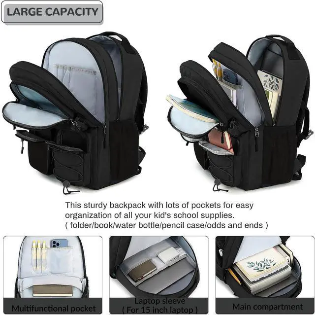 Alt view image 4 of 7 - Lohol Water Resistant Daypack with Mulitiple Pockets for School Travel Outdoor College, 15.6 inch Laptop Backpack for Men and Women (Black)