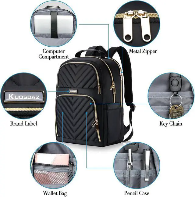 Alt view image 6 of 7 - Laptop Backpack for Women, School Backpack for Teen Girls | 15.6 Inch Quilted Work Backpack Purse, Large Anti-theft Bookbag for Students, Casual Daypacks for Women, Black
