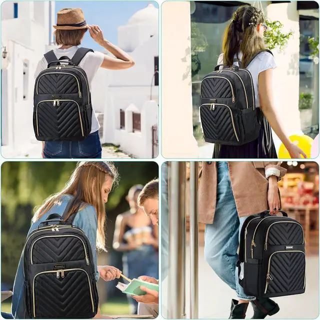Alt view image 7 of 7 - Laptop Backpack for Women, School Backpack for Teen Girls | 15.6 Inch Quilted Work Backpack Purse, Large Anti-theft Bookbag for Students, Casual Daypacks for Women, Black