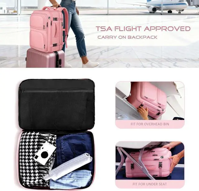 Alt view image 2 of 7 - Travel Backpack for Women, 52L Carry On Backpack, Extra Large Expandable Travel Bag, 18.4 Inch TSA Flight Approved Luggage Personal Item Size with, Teacher Business Daypack, Pink