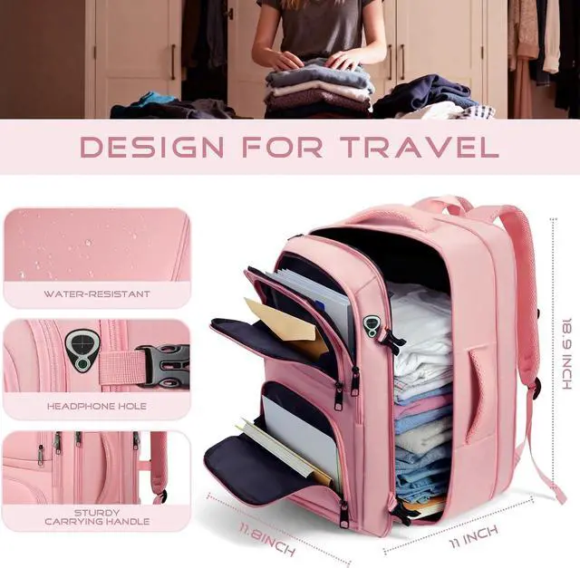 Alt view image 3 of 7 - Travel Backpack for Women, 52L Carry On Backpack, Extra Large Expandable Travel Bag, 18.4 Inch TSA Flight Approved Luggage Personal Item Size with, Teacher Business Daypack, Pink