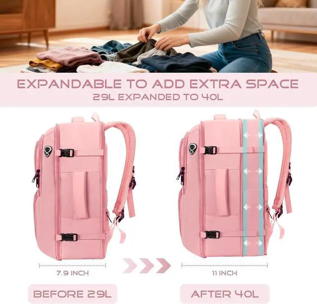 Alt view image 4 of 7 - Travel Backpack for Women, 52L Carry On Backpack, Extra Large Expandable Travel Bag, 18.4 Inch TSA Flight Approved Luggage Personal Item Size with, Teacher Business Daypack, Pink