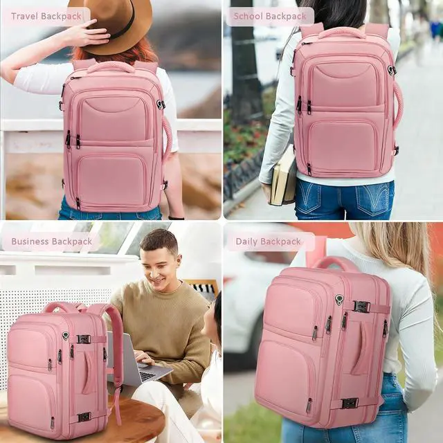 Alt view image 5 of 7 - Travel Backpack for Women, 52L Carry On Backpack, Extra Large Expandable Travel Bag, 18.4 Inch TSA Flight Approved Luggage Personal Item Size with, Teacher Business Daypack, Pink