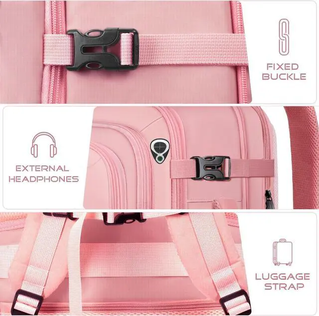 Alt view image 7 of 7 - Travel Backpack for Women, 52L Carry On Backpack, Extra Large Expandable Travel Bag, 18.4 Inch TSA Flight Approved Luggage Personal Item Size with, Teacher Business Daypack, Pink