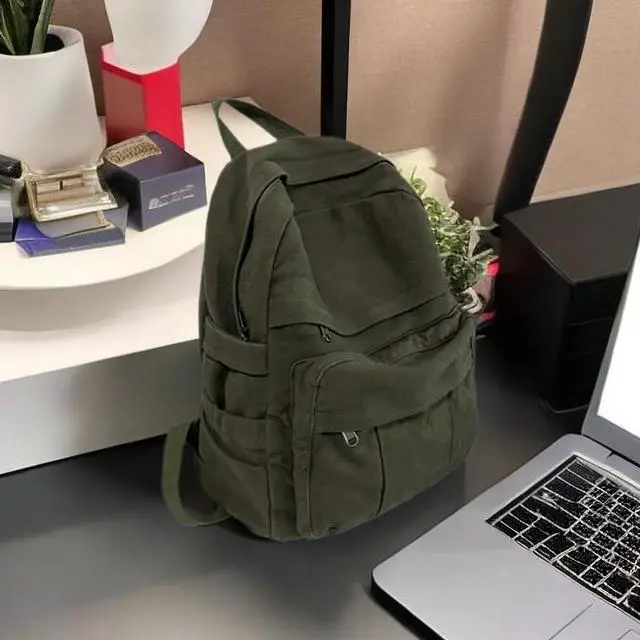 Alt view image 2 of 7 - Canvas Backpack for Women Cute Backpack for Women Vintage Laptop Aesthetic Knapsack-Army Green