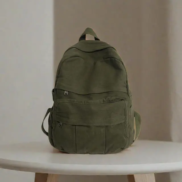 Alt view image 3 of 7 - Canvas Backpack for Women Cute Backpack for Women Vintage Laptop Aesthetic Knapsack-Army Green