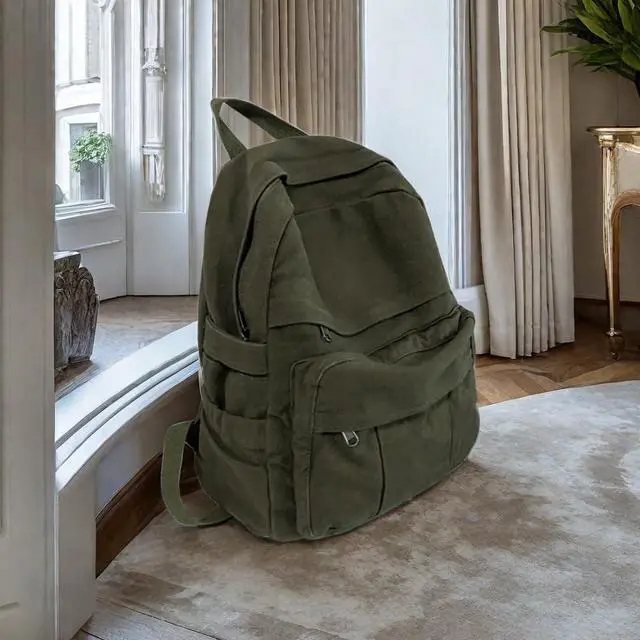 Alt view image 4 of 7 - Canvas Backpack for Women Cute Backpack for Women Vintage Laptop Aesthetic Knapsack-Army Green