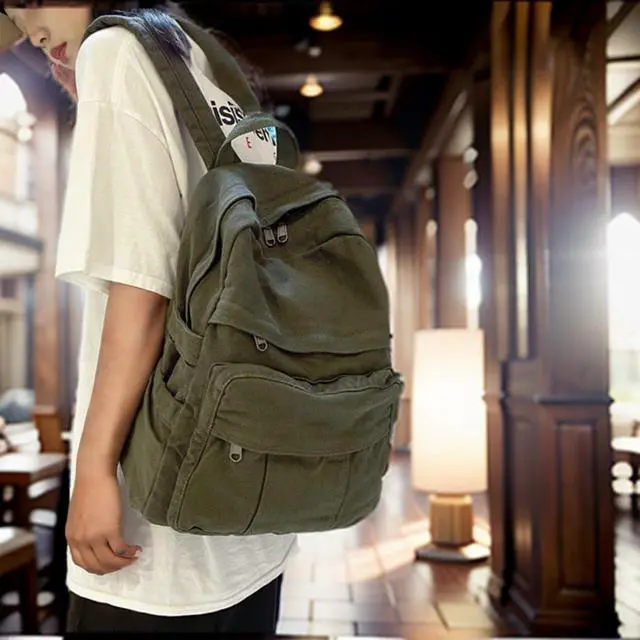Alt view image 5 of 7 - Canvas Backpack for Women Cute Backpack for Women Vintage Laptop Aesthetic Knapsack-Army Green