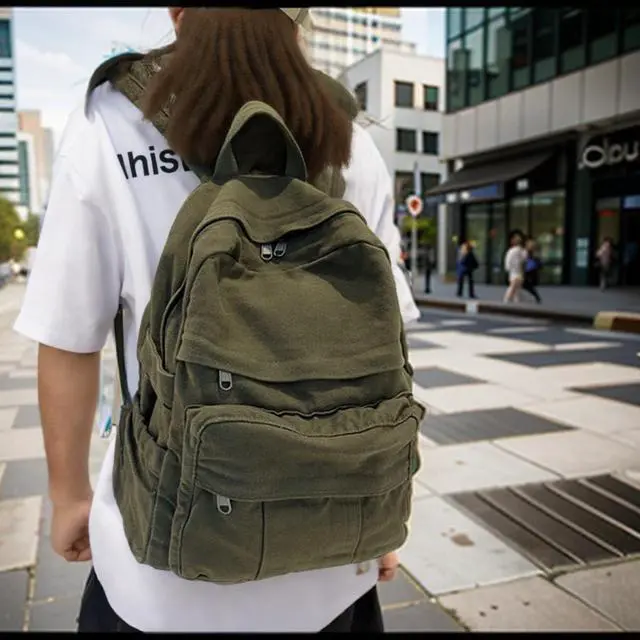 Alt view image 6 of 7 - Canvas Backpack for Women Cute Backpack for Women Vintage Laptop Aesthetic Knapsack-Army Green