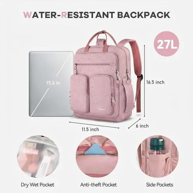 Alt view image 4 of 7 - Mancro College Laptop Backpack for Women with 15.6 Inch Laptop Sleeve, Pink | College Backpack with TSA-Friendly Laptop Compartment & Dry-Wet Pocket, Large Capacity Travel Backpack Daypack for Women