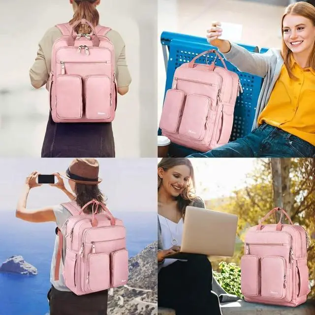 Alt view image 6 of 7 - Mancro College Laptop Backpack for Women with 15.6 Inch Laptop Sleeve, Pink | College Backpack with TSA-Friendly Laptop Compartment & Dry-Wet Pocket, Large Capacity Travel Backpack Daypack for Women