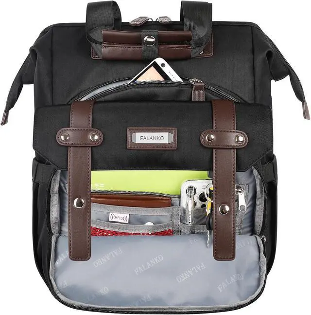 Alt view image 5 of 7 - FALANKO Laptop Backpack For Women, Work Doctor Teacher Nurse Wide Open College 15.6 Inch Laptops Backpack Purse Travel Water Resistant RFID Computer Bag for Men Women Black