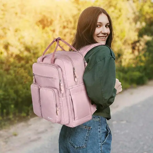 Alt view image 7 of 7 - Mancro College Laptop Backpack for Women with 15.6 Inch Laptop Sleeve, Pink | College Backpack with TSA-Friendly Laptop Compartment & Dry-Wet Pocket, Large Capacity Travel Backpack Daypack for Women