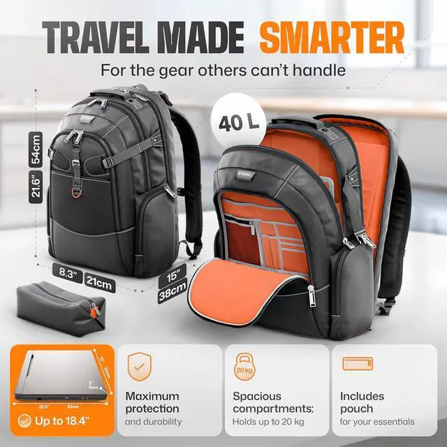 Alt view image 2 of 7 - EVERKI Business 120 Laptop Backpack with Rain Cover, Black - 40L | Nylon, Polyester, Durable, Multi-Padded Pockets, Travel-Friendly, School & Work, 180° Fold-Out Design, Fits up to 18.4"