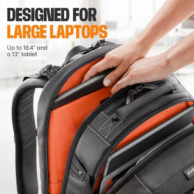 Alt view image 3 of 7 - EVERKI Business 120 Laptop Backpack with Rain Cover, Black - 40L | Nylon, Polyester, Durable, Multi-Padded Pockets, Travel-Friendly, School & Work, 180° Fold-Out Design, Fits up to 18.4"