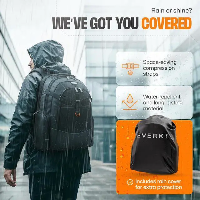 Alt view image 6 of 7 - EVERKI Business 120 Laptop Backpack with Rain Cover, Black - 40L | Nylon, Polyester, Durable, Multi-Padded Pockets, Travel-Friendly, School & Work, 180° Fold-Out Design, Fits up to 18.4"