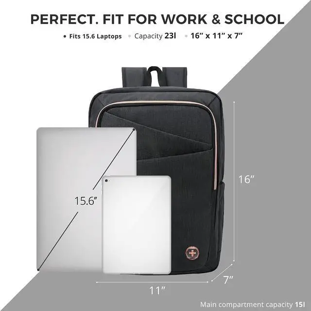 Alt view image 5 of 7 - Swissdigital Design Business Laptop Backpack For Women,With USB Charging Port Computer Work Backpack,Fits 15.6 Inch Laptop Compact Travel Casual Backpack,Black | SD1006-01