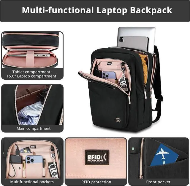 Alt view image 7 of 7 - Swissdigital Design Business Laptop Backpack For Women,With USB Charging Port Computer Work Backpack,Fits 15.6 Inch Laptop Compact Travel Casual Backpack,Black | SD1006-01
