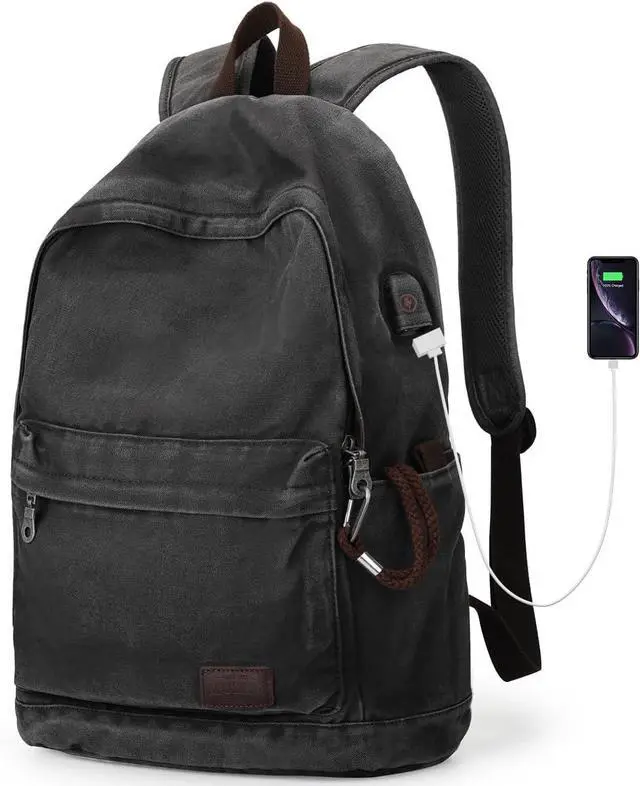 Main image of Muzee Canvas Backpack for Women and Men, Lightweight Classic Laptop Backpack with USB Charging Port for School, Travel and Daily Use, Black