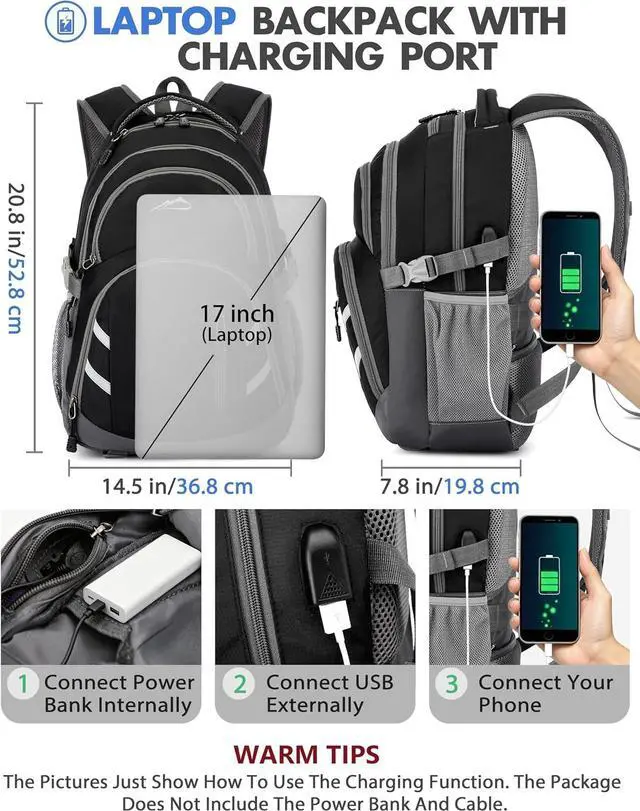 Alt view image 4 of 6 - ProEtrade Extra Large Backpack Bookbag for College Laptop Travel, Fit Laptop Up to 17 inch with USB Charging Port Multi Compartment Anti theft, Gift for Women Men (Light Black)