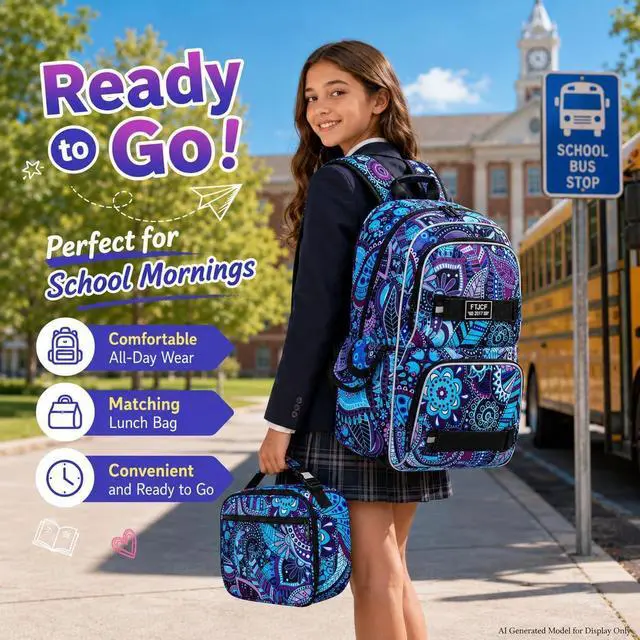 Alt view image 2 of 7 - AGSDON Laptop Backpack, 17 Inch School Bag College Bookbag, Anti Theft Daypack Bags and Lunch Bag Set, Water Resistant Flowers Backpacks(Dk.purple