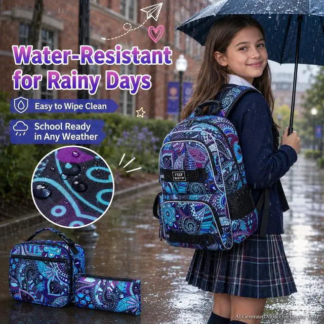 Alt view image 3 of 7 - AGSDON Laptop Backpack, 17 Inch School Bag College Bookbag, Anti Theft Daypack Bags and Lunch Bag Set, Water Resistant Flowers Backpacks(Dk.purple