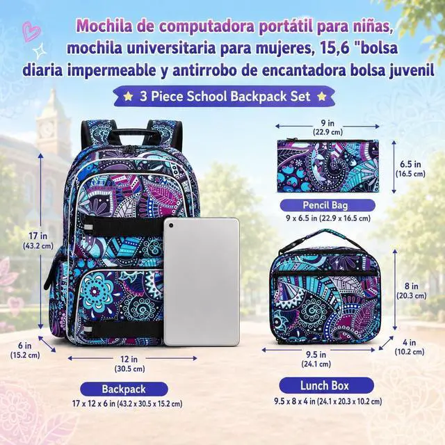 Alt view image 4 of 7 - AGSDON Laptop Backpack, 17 Inch School Bag College Bookbag, Anti Theft Daypack Bags and Lunch Bag Set, Water Resistant Flowers Backpacks(Dk.purple