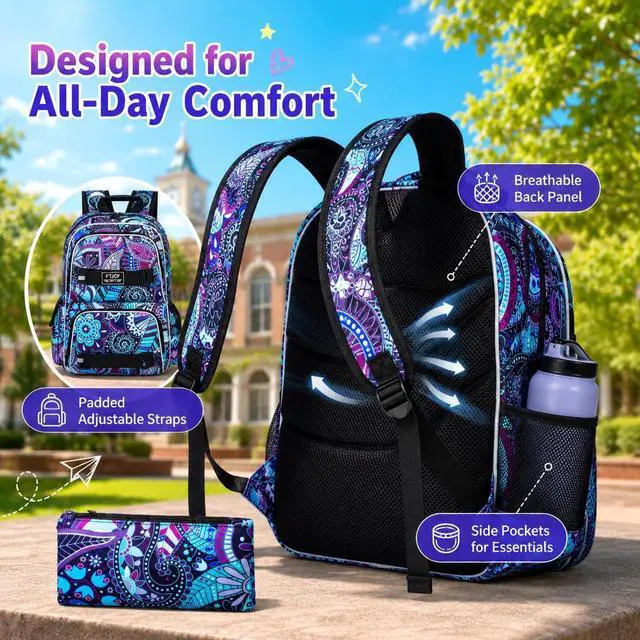 Alt view image 5 of 7 - AGSDON Laptop Backpack, 17 Inch School Bag College Bookbag, Anti Theft Daypack Bags and Lunch Bag Set, Water Resistant Flowers Backpacks(Dk.purple