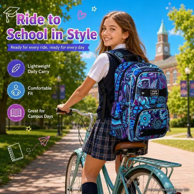 Alt view image 6 of 7 - AGSDON Laptop Backpack, 17 Inch School Bag College Bookbag, Anti Theft Daypack Bags and Lunch Bag Set, Water Resistant Flowers Backpacks(Dk.purple