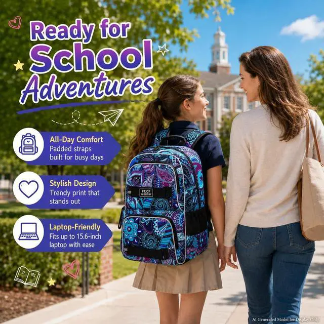 Alt view image 7 of 7 - AGSDON Laptop Backpack, 17 Inch School Bag College Bookbag, Anti Theft Daypack Bags and Lunch Bag Set, Water Resistant Flowers Backpacks(Dk.purple