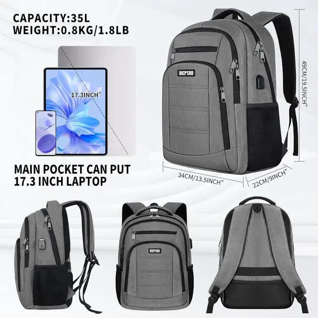 Alt view image 4 of 7 - Laptop Backpack for Men Women,Work Business Backpack with USB Charging Port,Water Resistant College Computer Bookbag Fits 17.3 Inch Laptop,Waterproof Anti Theft Back Pack,Mochilas Grey