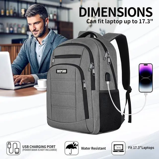 Alt view image 5 of 7 - Laptop Backpack for Men Women,Work Business Backpack with USB Charging Port,Water Resistant College Computer Bookbag Fits 17.3 Inch Laptop,Waterproof Anti Theft Back Pack,Mochilas Grey