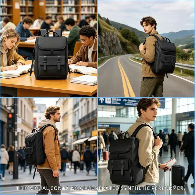 Alt view image 3 of 6 - Vintage Laptop Backpack for Men and Women, 15.6 Inch, Waterproof, Business Travel Daypack for Work, Office, College (6608 black)