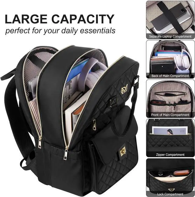Alt view image 3 of 7 - Laptop Backpack Women 15.6in,Cute School Backpack Bookbag for Teen Girls College Student,Mochila para niña adolescente for Work Travel,Aesthetic Backpack,Black