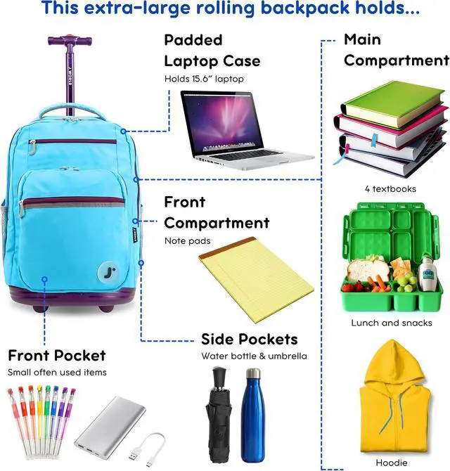 Alt view image 3 of 7 - J World Sundance Laptop Rolling Backpack for Girls Boys. Roller Bookbag with Wheels, 20 Inch, Sky Blue