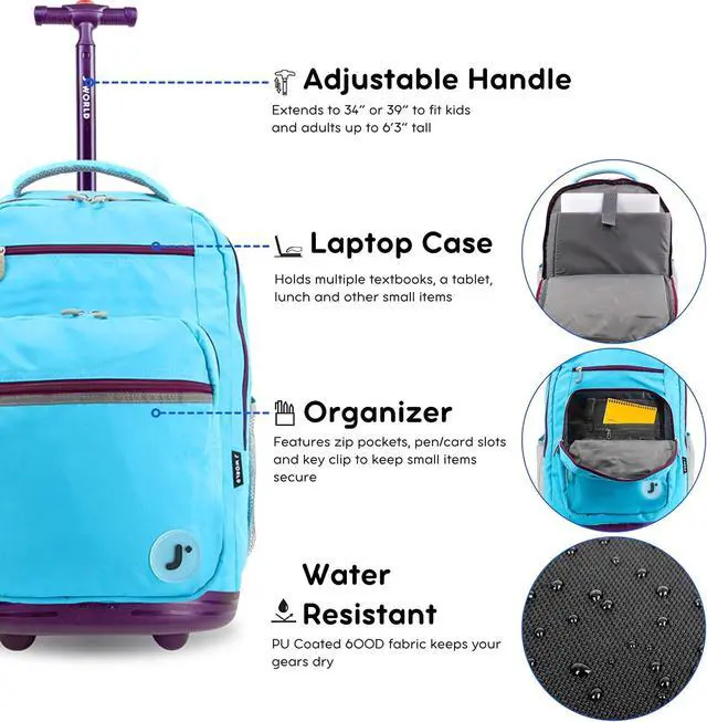 Alt view image 5 of 7 - J World Sundance Laptop Rolling Backpack for Girls Boys. Roller Bookbag with Wheels, 20 Inch, Sky Blue
