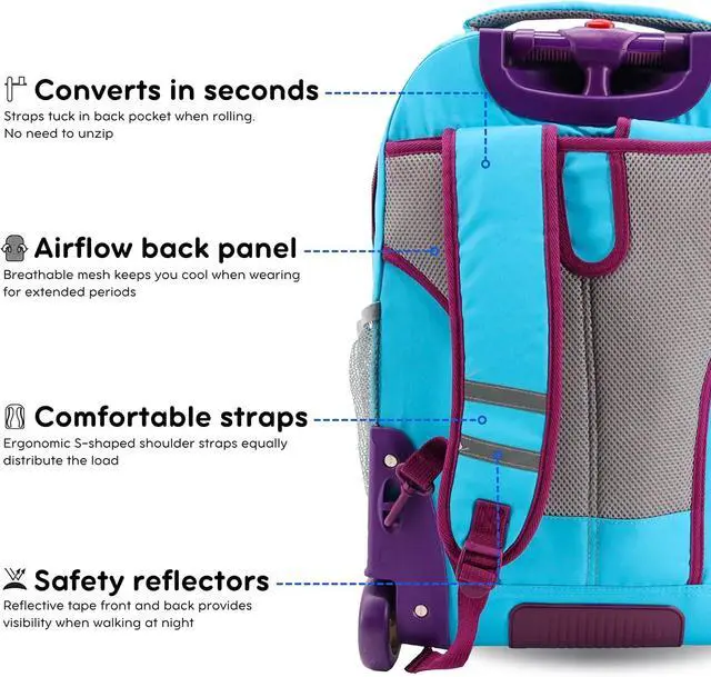 Alt view image 6 of 7 - J World Sundance Laptop Rolling Backpack for Girls Boys. Roller Bookbag with Wheels, 20 Inch, Sky Blue
